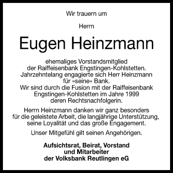 Anzeige von Eugen Heinzmann von Reutlinger Generalanzeiger