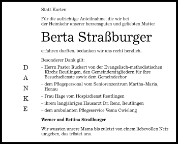 Anzeige von Berta Straßburger von Reutlinger Generalanzeiger
