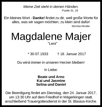 Anzeige von Magdalene Majer von Reutlinger Generalanzeiger