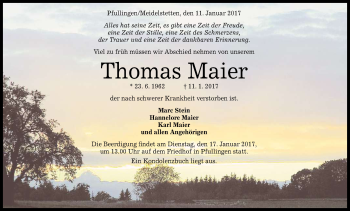 Anzeige von Thomas Maier von Reutlinger Generalanzeiger