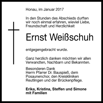 Anzeige von Ernst Weißschuh von Reutlinger Generalanzeiger
