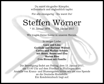 Anzeige von Steffen Wörner von Reutlinger Generalanzeiger