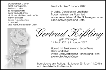 Anzeige von Gertrud Kißling von Reutlinger Generalanzeiger