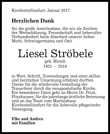 Anzeige von Liesel Ströbele von Reutlinger Generalanzeiger