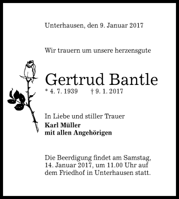 Anzeige von Gertrud Bantle von Reutlinger Generalanzeiger