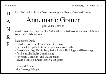 Anzeige von Annemarie Grauer von Reutlinger Generalanzeiger