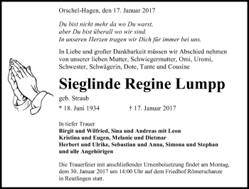 Anzeige von Sieglinde Regine Lumpp von Reutlinger Generalanzeiger