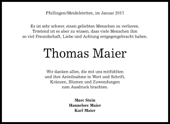 Anzeige von Thomas Maier von Reutlinger Generalanzeiger
