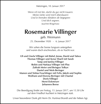 Anzeige von Rosemarie Villinger von Reutlinger Generalanzeiger