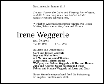 Anzeige von Irene Weggerle von Reutlinger Generalanzeiger