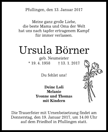 Anzeige von Ursula Börner von Reutlinger Generalanzeiger