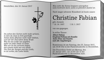 Anzeige von Christiane Fabian von Reutlinger Generalanzeiger