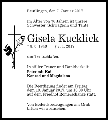 Anzeige von Gisela Kucklick von Reutlinger Generalanzeiger