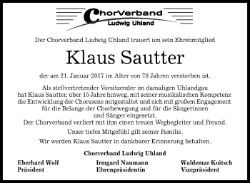 Anzeige von Klaus Sautter von Reutlinger Generalanzeiger