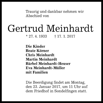Anzeige von Gertrud Meinhardt von Reutlinger Generalanzeiger