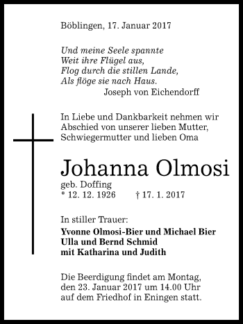 Anzeige von Johanna Olmosi von Reutlinger Generalanzeiger
