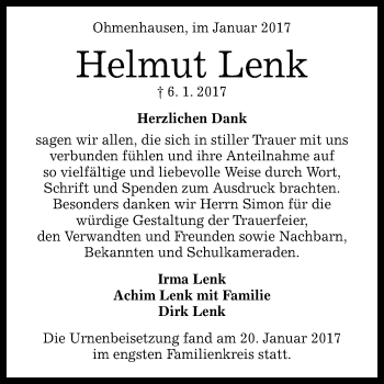 Anzeige von Helmut Lenk von Reutlinger Generalanzeiger