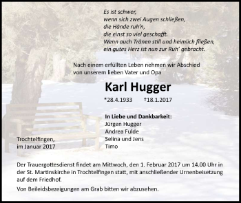 Anzeige von Karl Hugger von Reutlinger Generalanzeiger