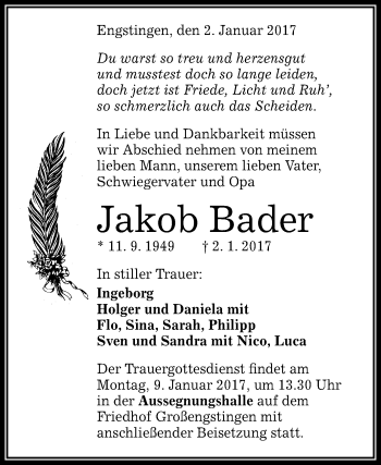 Anzeige von Jakob Bader von Reutlinger Generalanzeiger