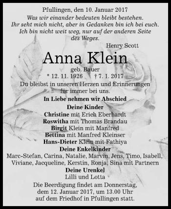 Anzeige von Anna Klein von Reutlinger Generalanzeiger