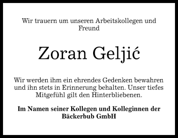 Anzeige von Zoran Geljic von Reutlinger Generalanzeiger