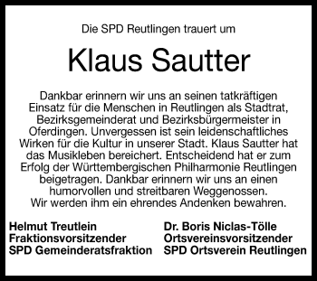 Anzeige von Klaus Sautter von Reutlinger Generalanzeiger
