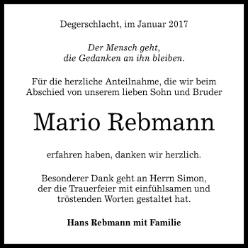 Anzeige von Mario Rebmann von Reutlinger Generalanzeiger