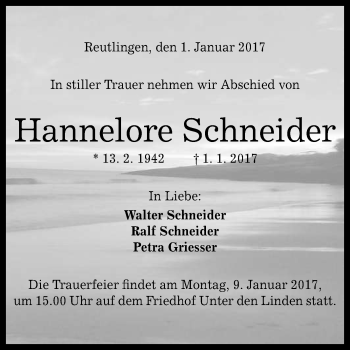 Anzeige von Hannelore Schneider von Reutlinger Generalanzeiger