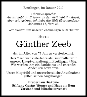 Anzeige von Günther Zeeb von Reutlinger Generalanzeiger