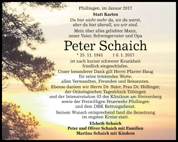 Anzeige von Peter Schaich von Reutlinger Generalanzeiger