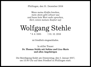 Anzeige von Wolfgang Stehle von Reutlinger Generalanzeiger