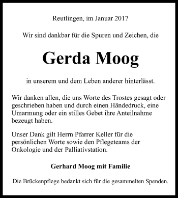 Anzeige von Gerda Moog von Reutlinger Generalanzeiger