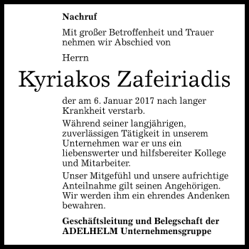Anzeige von Kyriakos Zafeiriadis von Reutlinger Generalanzeiger