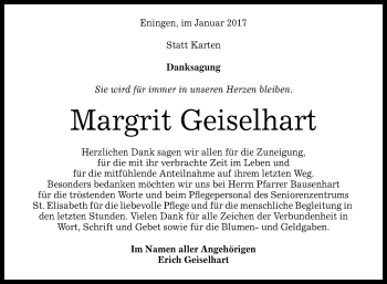 Anzeige von Margrit Geiselhart von Reutlinger Generalanzeiger