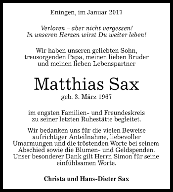 Anzeige von Matthias Sax von Reutlinger Generalanzeiger