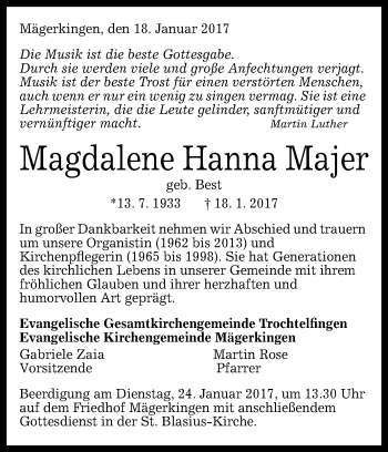 Anzeige von Magdalene Hanna Majer von Reutlinger Generalanzeiger
