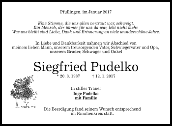 Anzeige von Siegfried Pudelko von Reutlinger Generalanzeiger