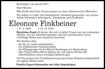Anzeige von Eleonore Finkbeiner von Reutlinger Generalanzeiger