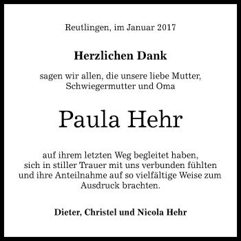 Anzeige von Paula Hehr von Reutlinger Generalanzeiger