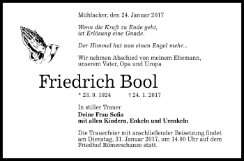 Anzeige von Friedrich Bool von Reutlinger Generalanzeiger
