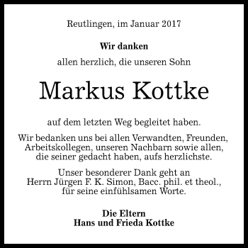 Anzeige von Markus Kottke von Reutlinger Generalanzeiger