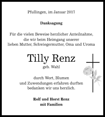 Anzeige von Tilly Renz von Reutlinger Generalanzeiger