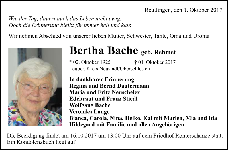  Traueranzeige für Bertha Bache vom 09.10.2017 aus Reutlinger General-Anzeiger