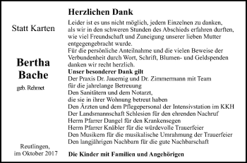 Anzeige von Bertha Bache von Reutlinger General-Anzeiger