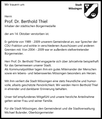 Anzeige von Berthold Thiel von Reutlinger General-Anzeiger