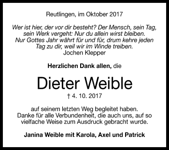 Anzeige von Dieter Weible von Reutlinger General-Anzeiger