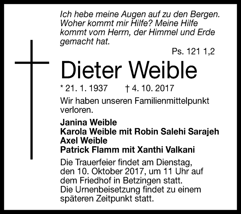  Traueranzeige für Dieter Weible vom 07.10.2017 aus Reutlinger General-Anzeiger