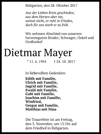 Anzeige von Dietmar Mayer von Reutlinger General-Anzeiger