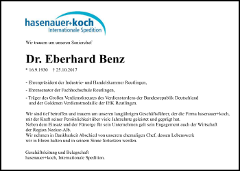 Anzeige von Eberhard Benz von Reutlinger General-Anzeiger