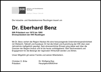 Anzeige von Eberhard Benz von Reutlinger General-Anzeiger